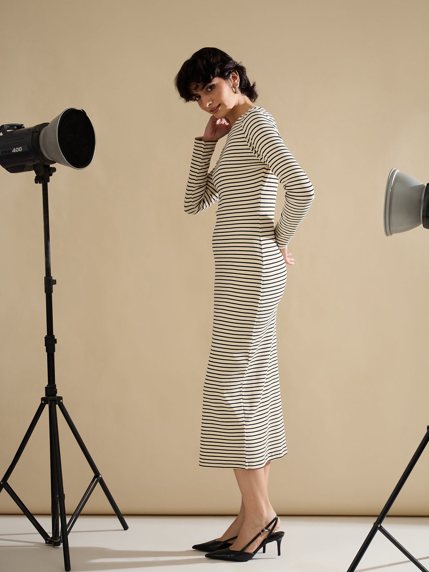 Black & Off-White Striped Rib Bodycon Midi Dress