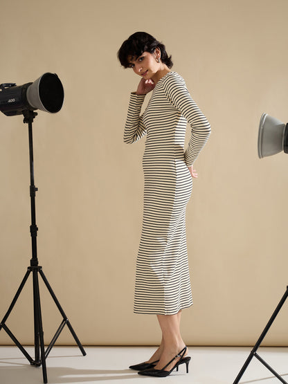 Black & Off-White Striped Rib Bodycon Midi Dress
