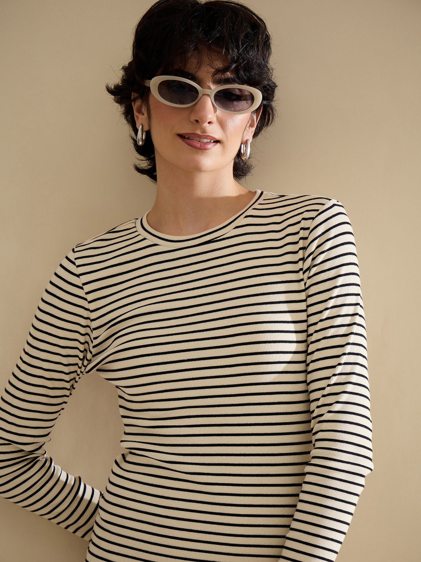 Black & Off-White Striped Rib Bodycon Midi Dress