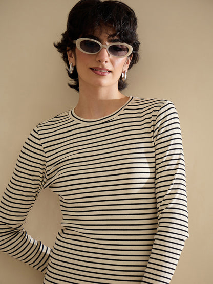 Black & Off-White Striped Rib Bodycon Midi Dress