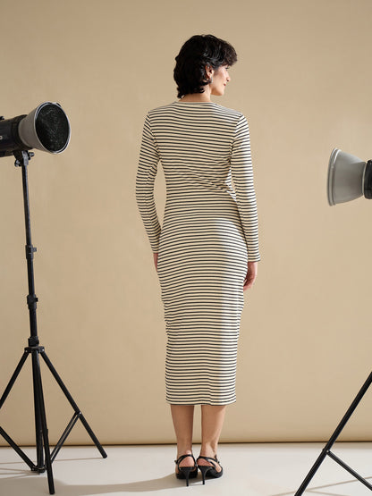 Black & Off-White Striped Rib Bodycon Midi Dress