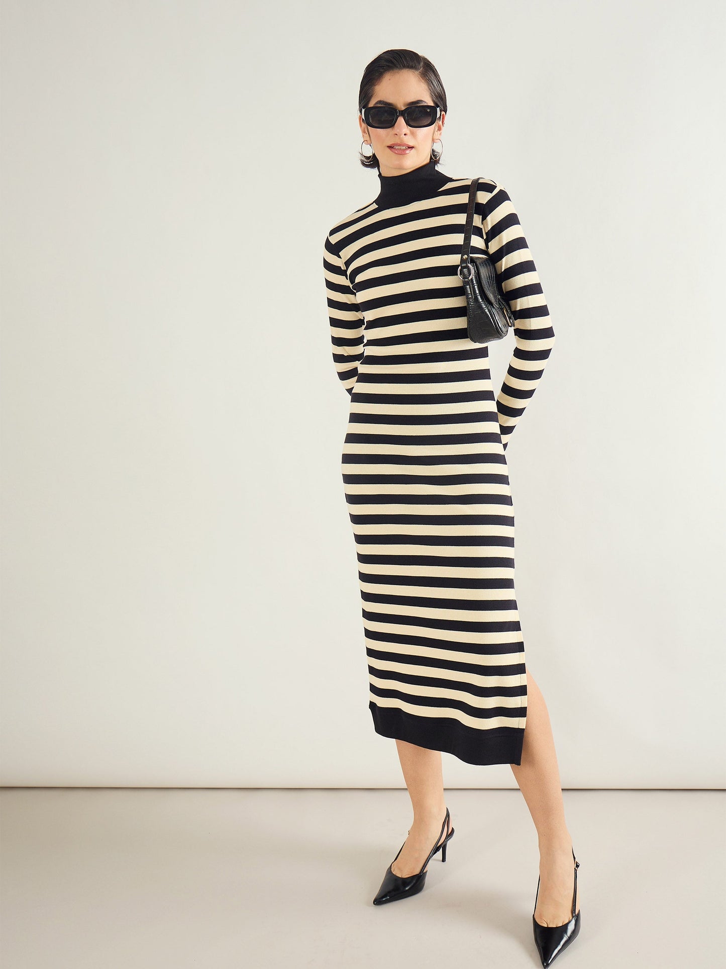 Black & Off-White Striped High Neck Midi Dress