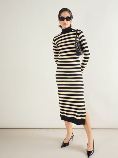 Black & Off-White Striped High Neck Midi Dress