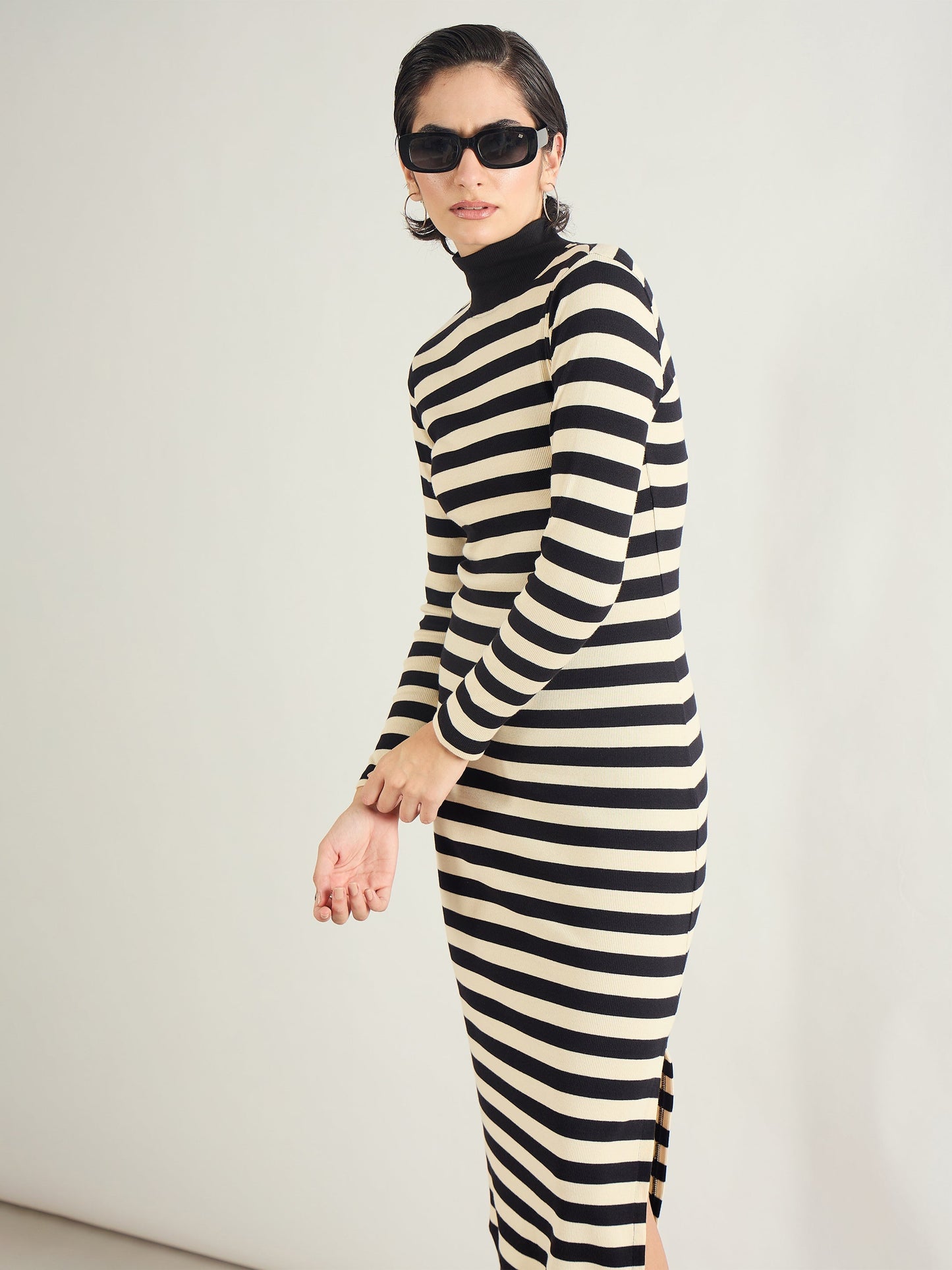 Black & Off-White Striped High Neck Midi Dress