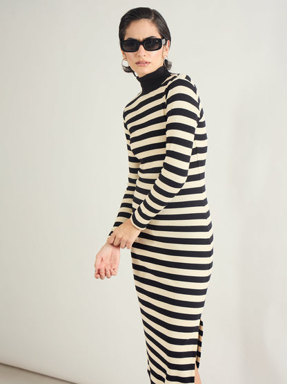 Black & Off-White Striped High Neck Midi Dress