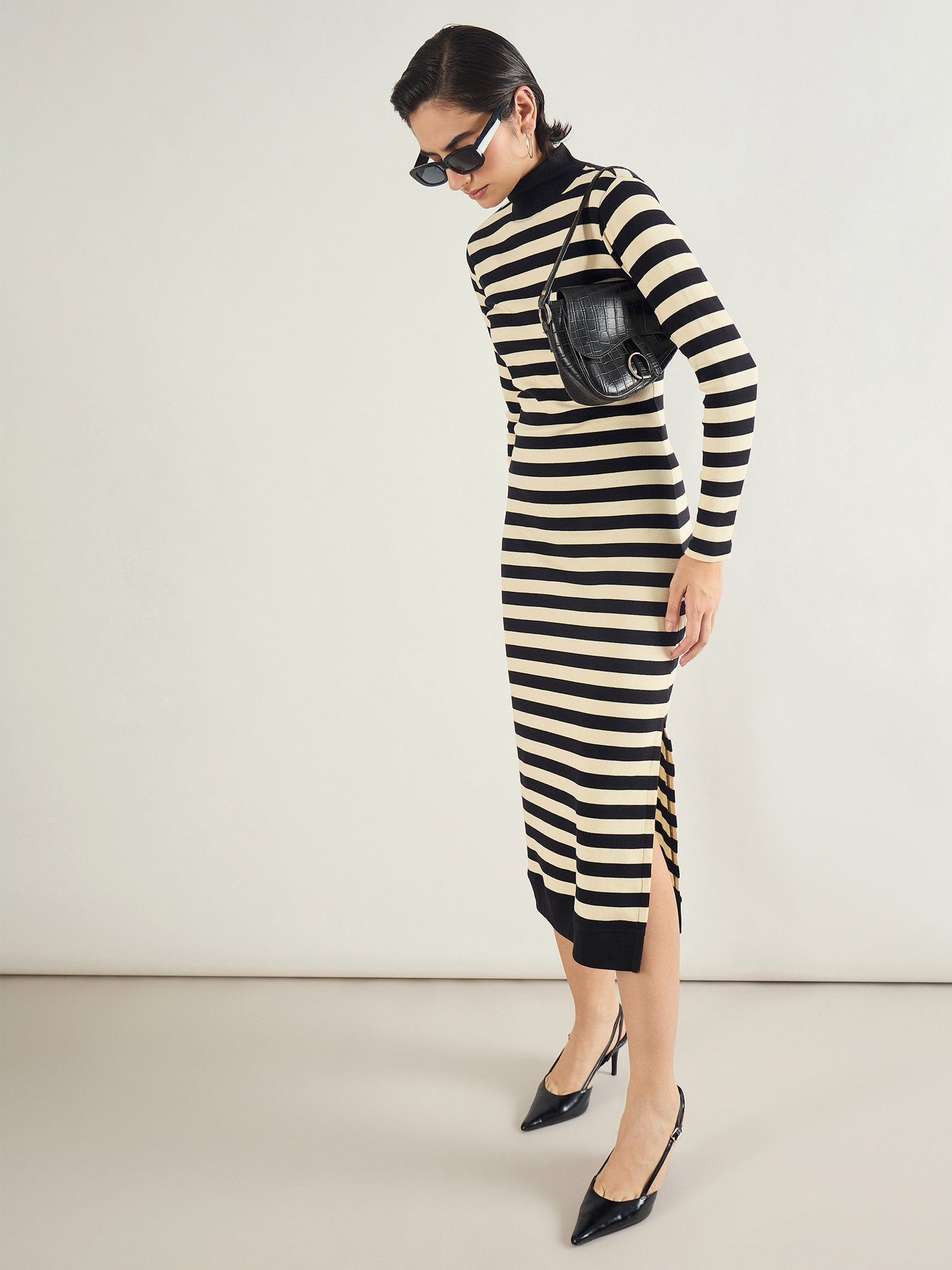 Black & Off-White Striped High Neck Midi Dress