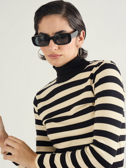 Black & Off-White Striped High Neck Midi Dress