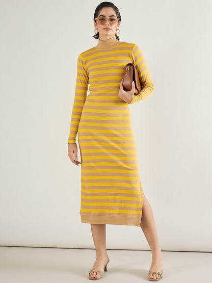 Brown & Yellow Striped High Neck Midi Dress
