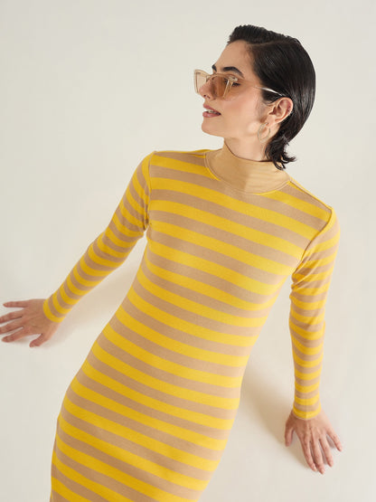 Brown & Yellow Striped High Neck Midi Dress