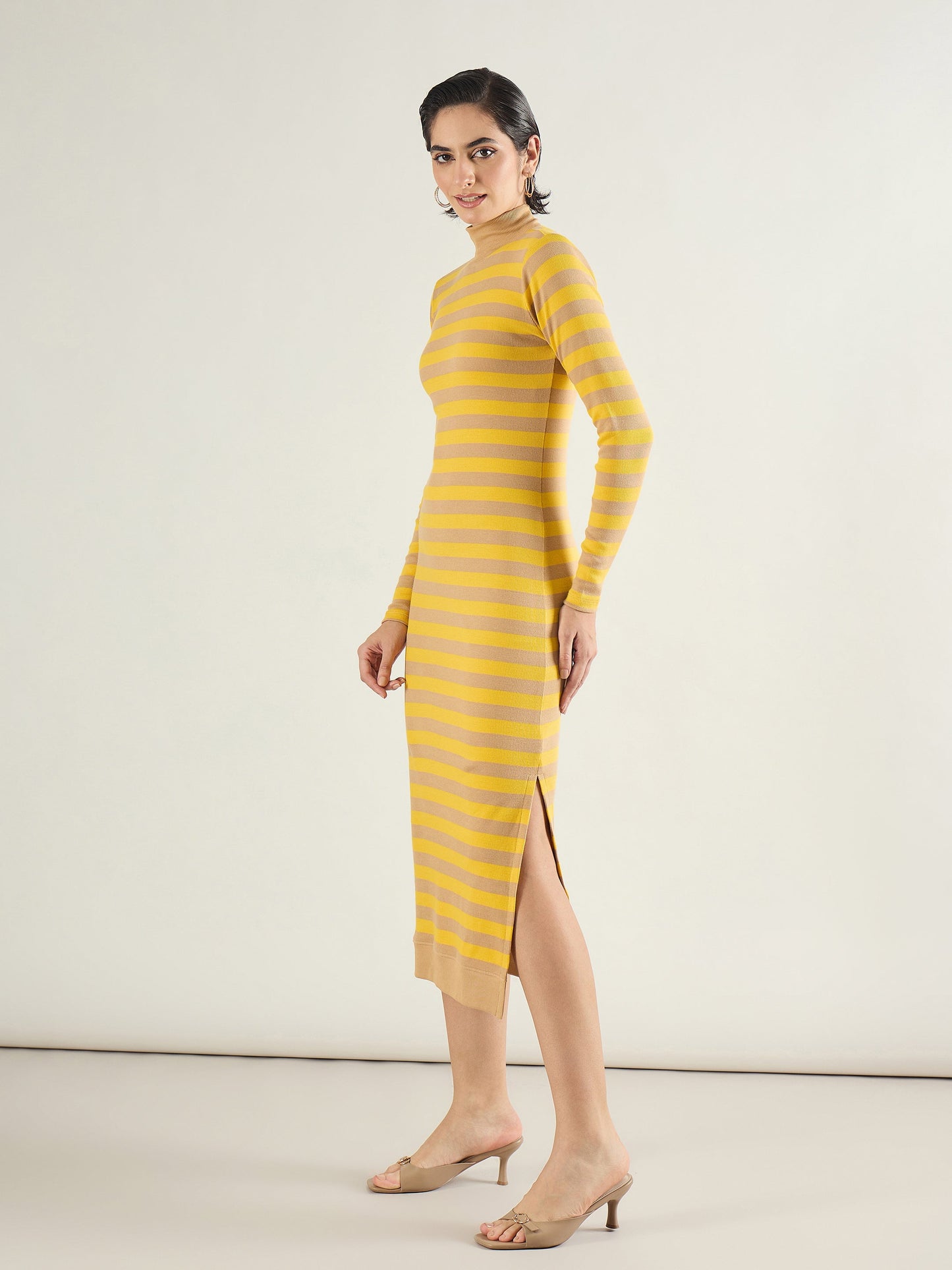 Brown & Yellow Striped High Neck Midi Dress