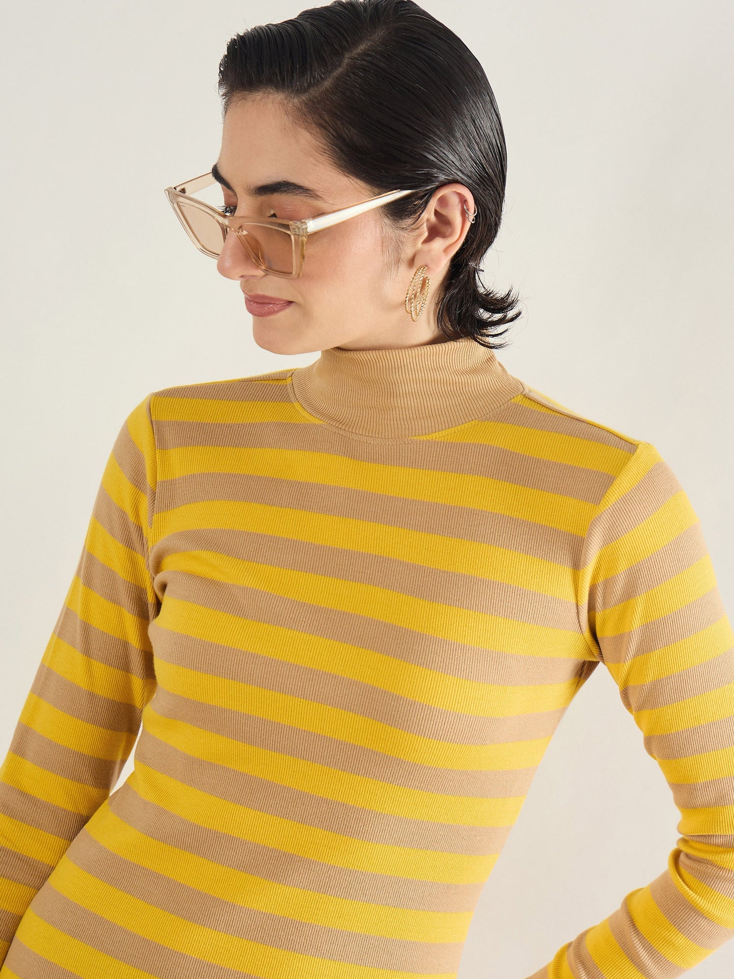 Brown & Yellow Striped High Neck Midi Dress