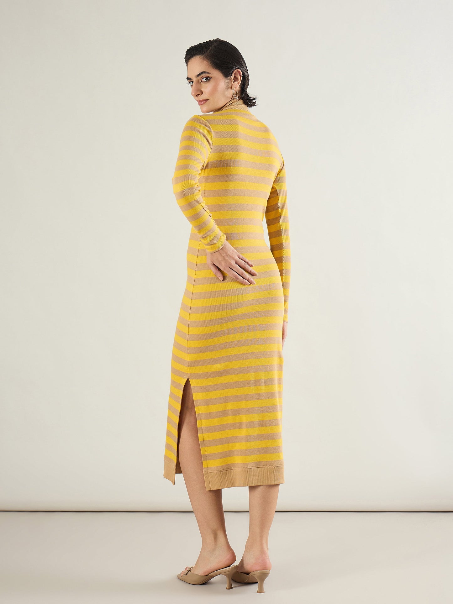 Brown & Yellow Striped High Neck Midi Dress