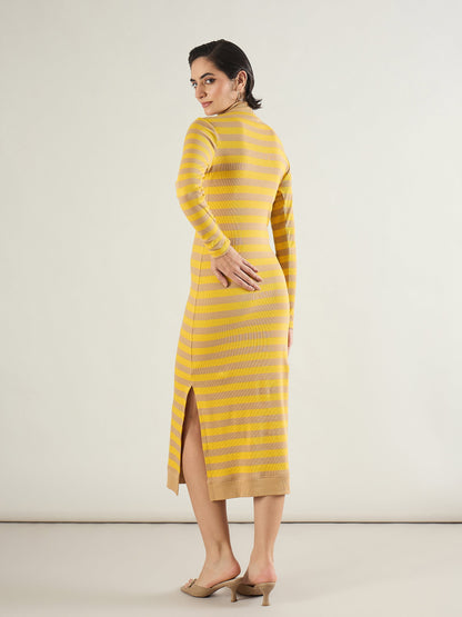 Brown & Yellow Striped High Neck Midi Dress