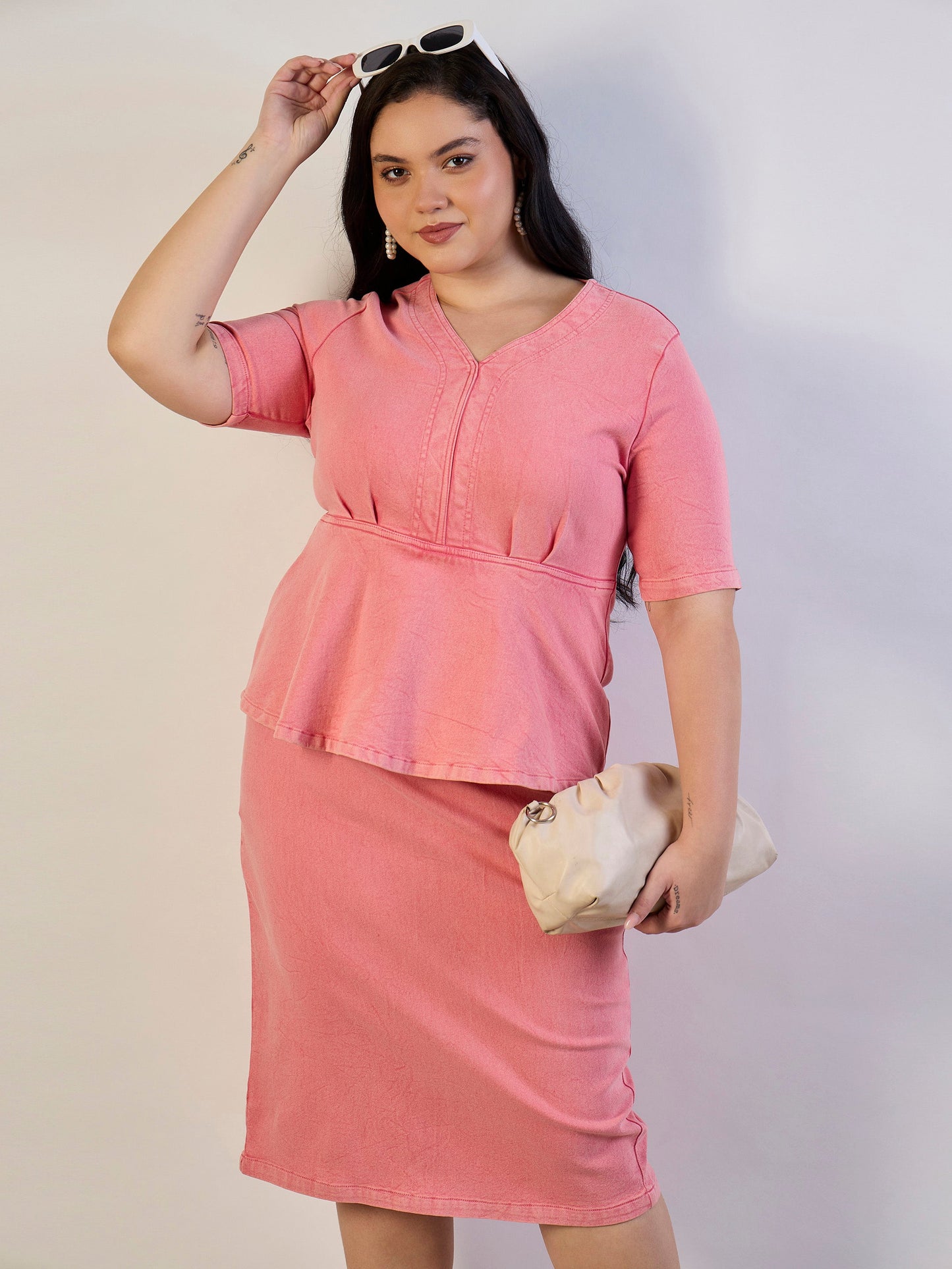 Pink Wash Denim V-Neck Peplum Dress