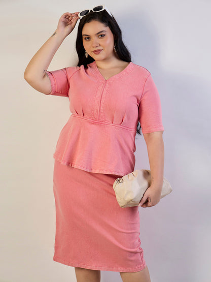 Pink Wash Denim V-Neck Peplum Dress