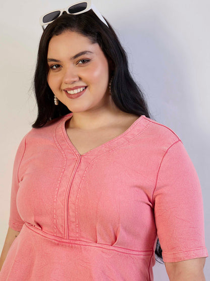 Pink Wash Denim V-Neck Peplum Dress