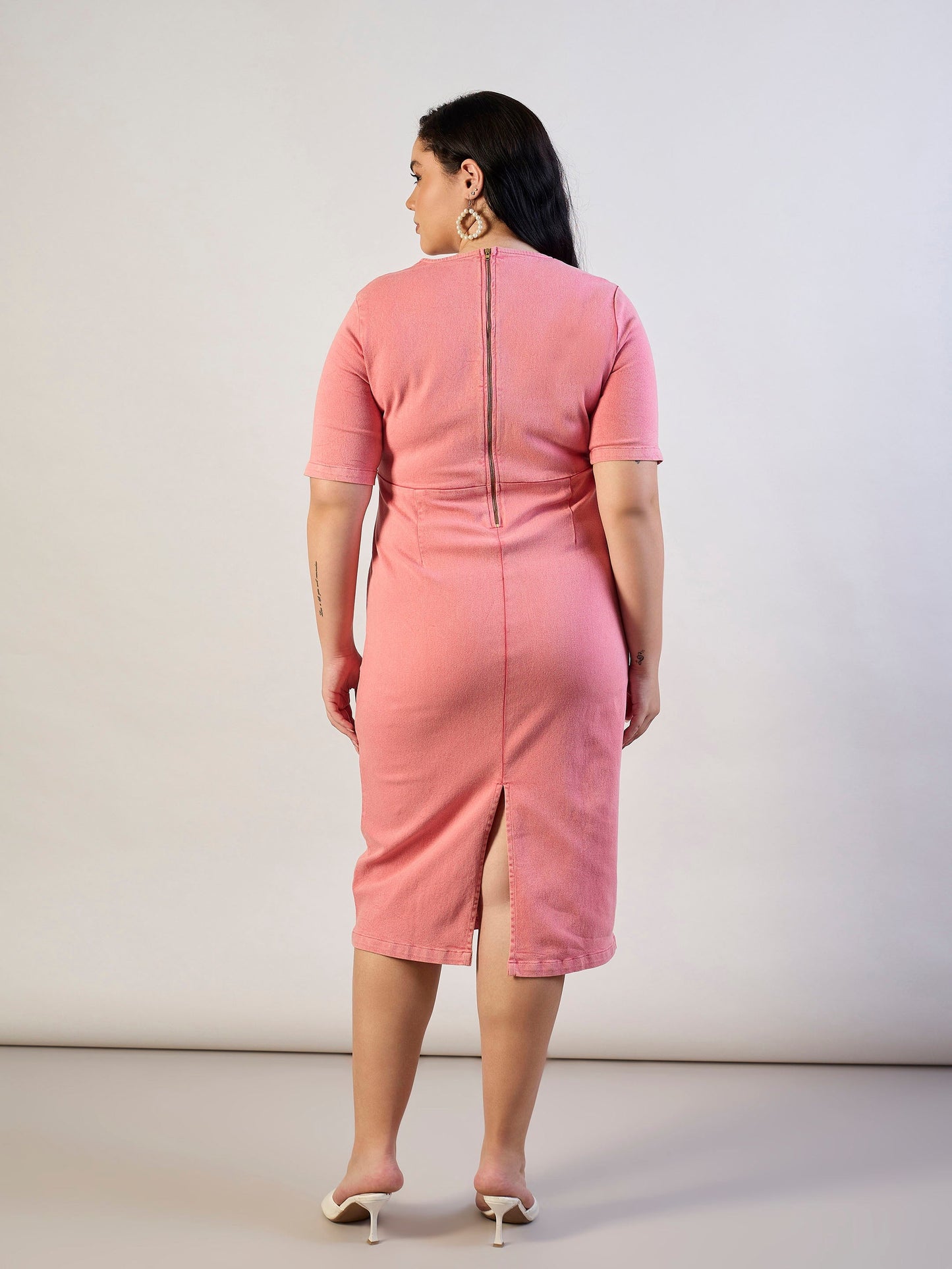 Pink Wash Denim V-Neck Peplum Dress