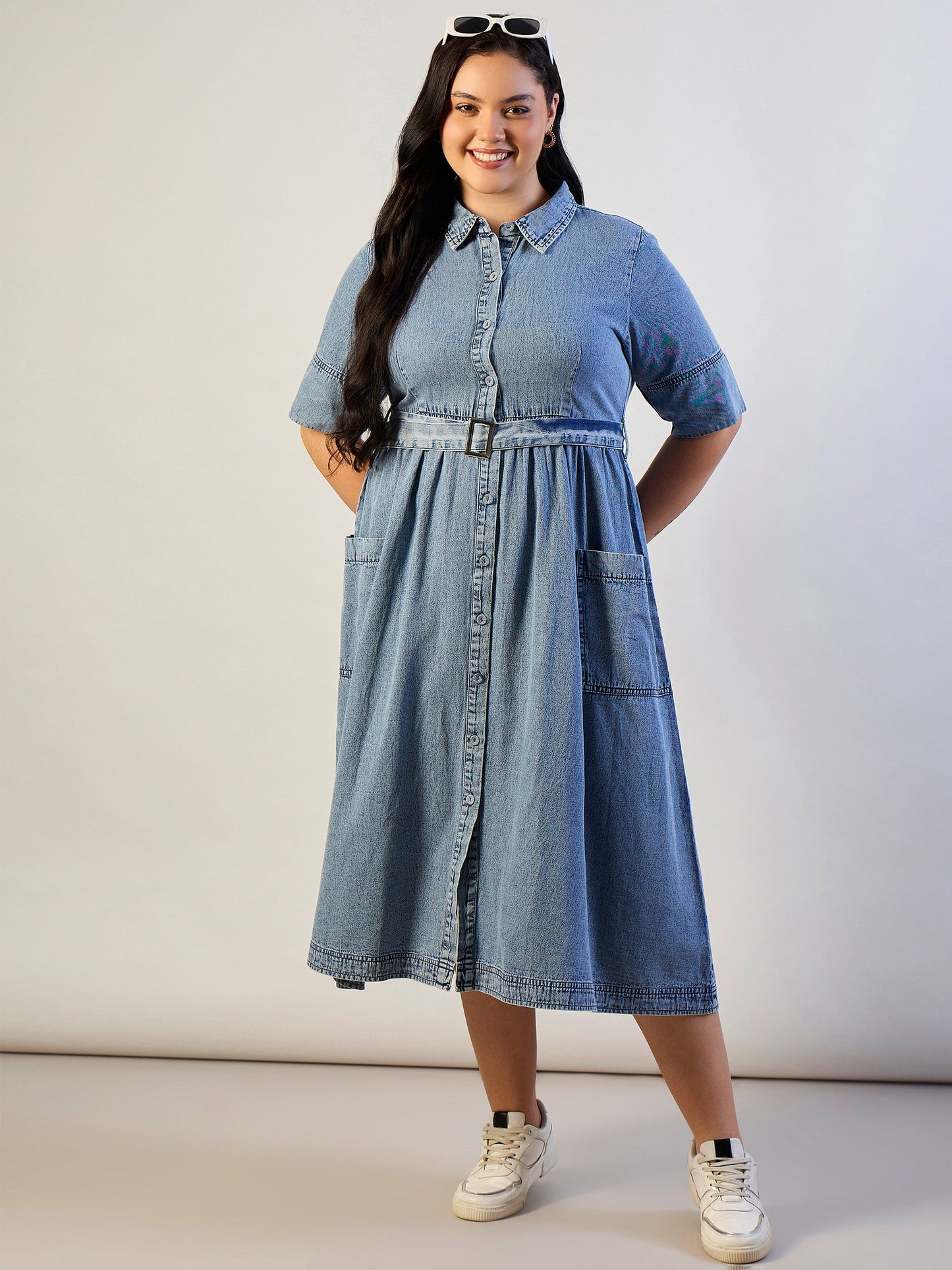 Ice Blue Tencel Front Button Midi Dress