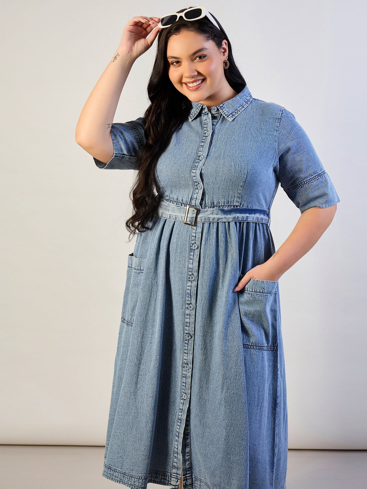 Ice Blue Tencel Front Button Midi Dress