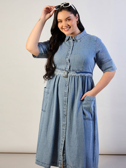 Ice Blue Tencel Front Button Midi Dress