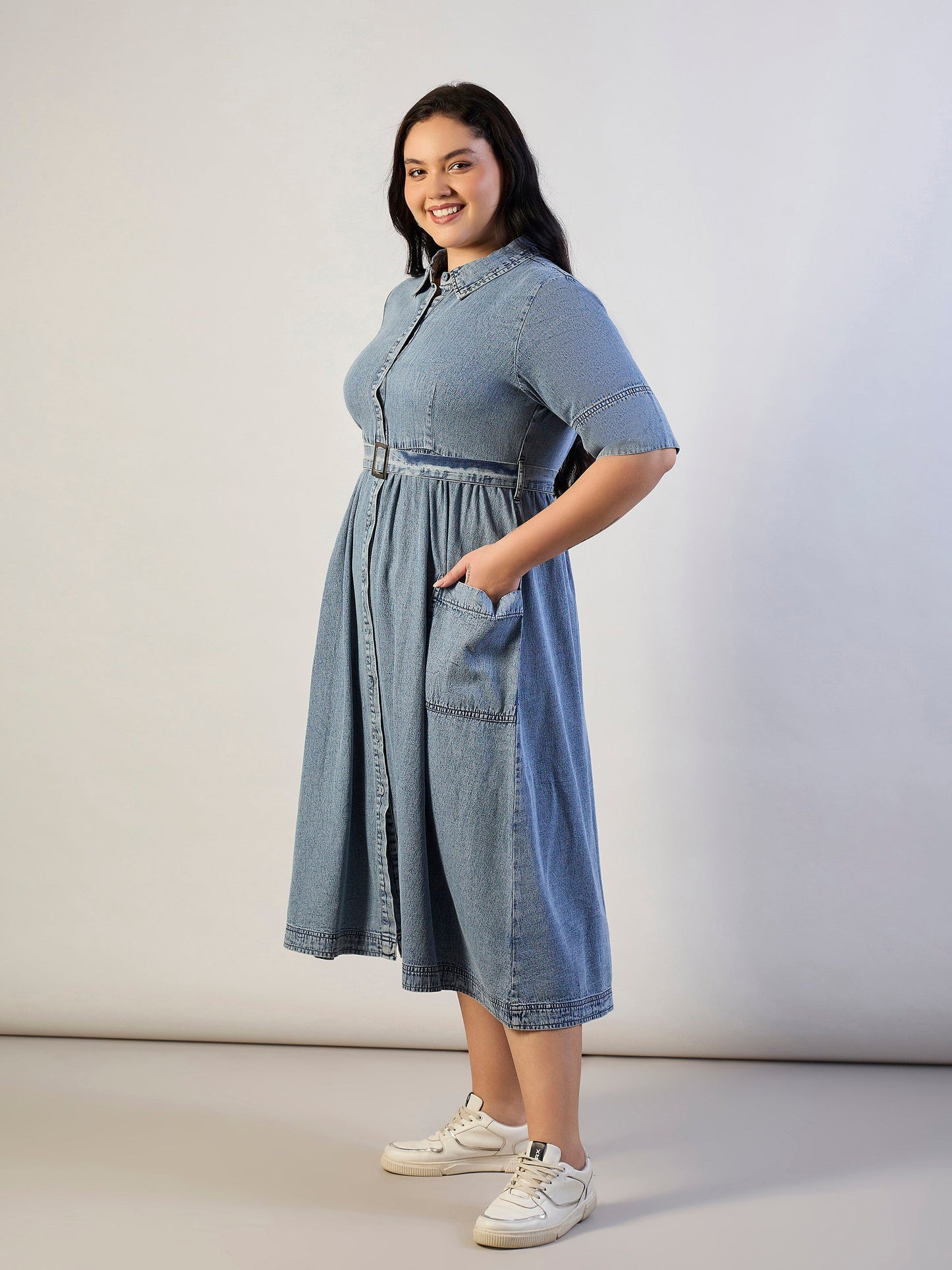 Ice Blue Tencel Front Button Midi Dress