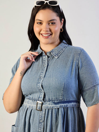 Ice Blue Tencel Front Button Midi Dress