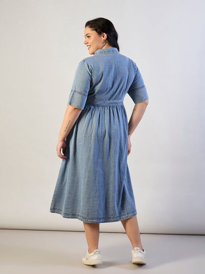 Ice Blue Tencel Front Button Midi Dress