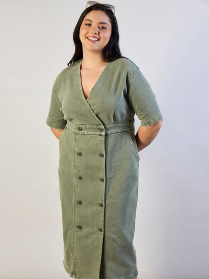 Olive Denim Wrap Neck Midi Dress