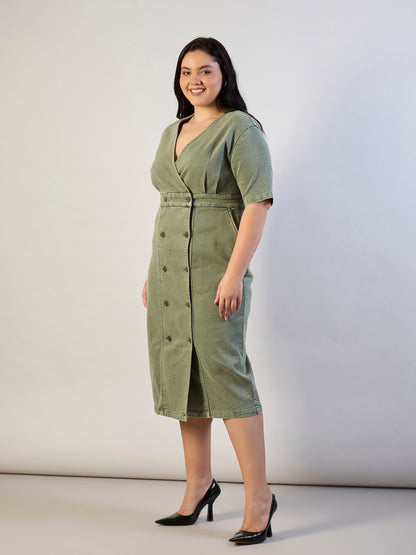 Olive Denim Wrap Neck Midi Dress