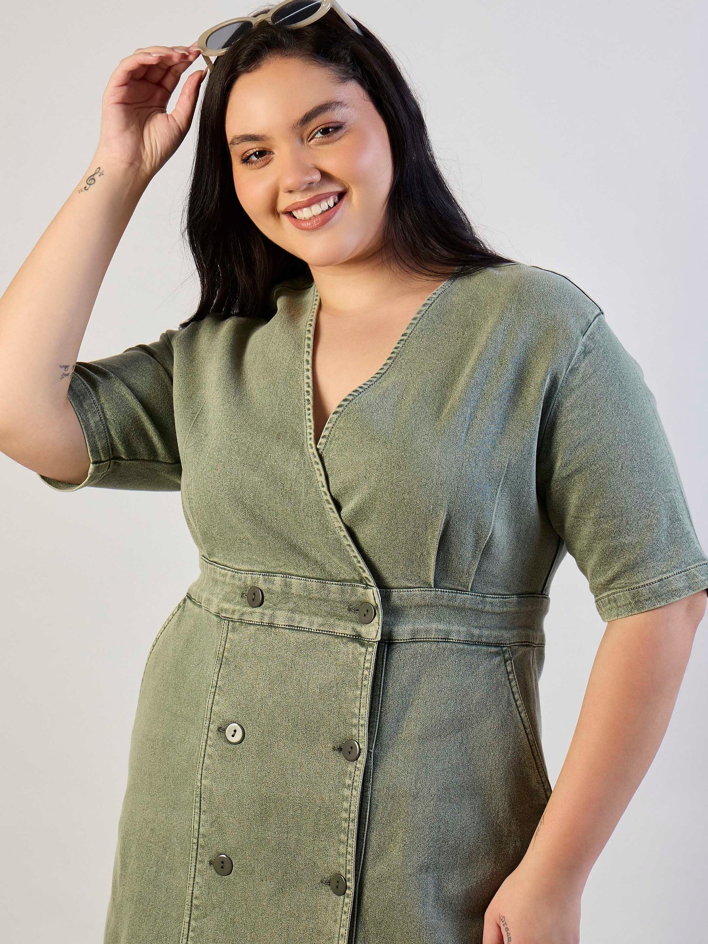 Olive Denim Wrap Neck Midi Dress