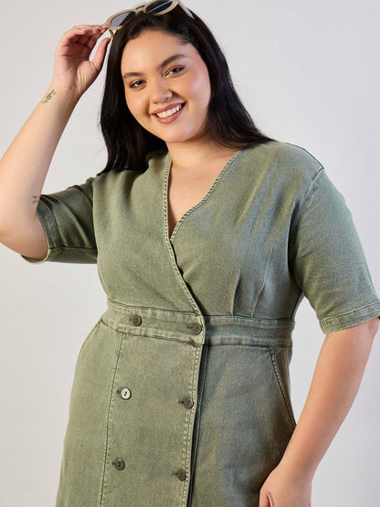 Olive Denim Wrap Neck Midi Dress