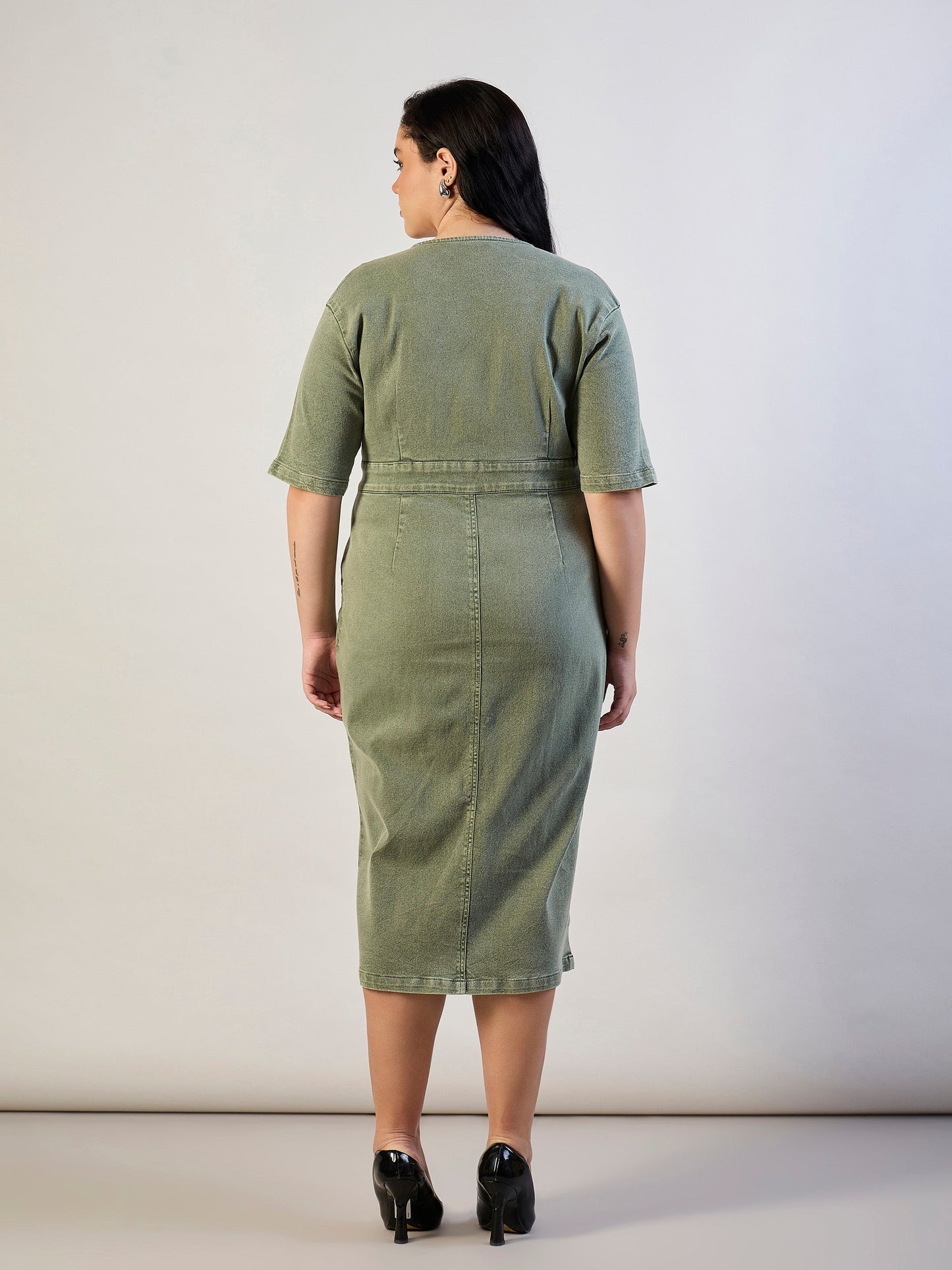 Olive Denim Wrap Neck Midi Dress