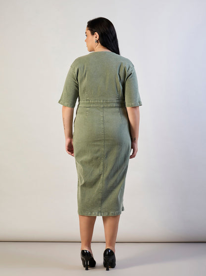 Olive Denim Wrap Neck Midi Dress