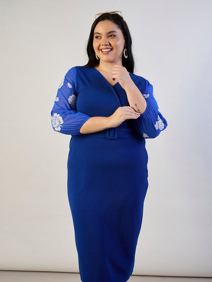 Royal Blue Balloon Sleeves Belted Bodycon Dress