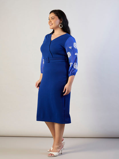 Royal Blue Balloon Sleeves Belted Bodycon Dress