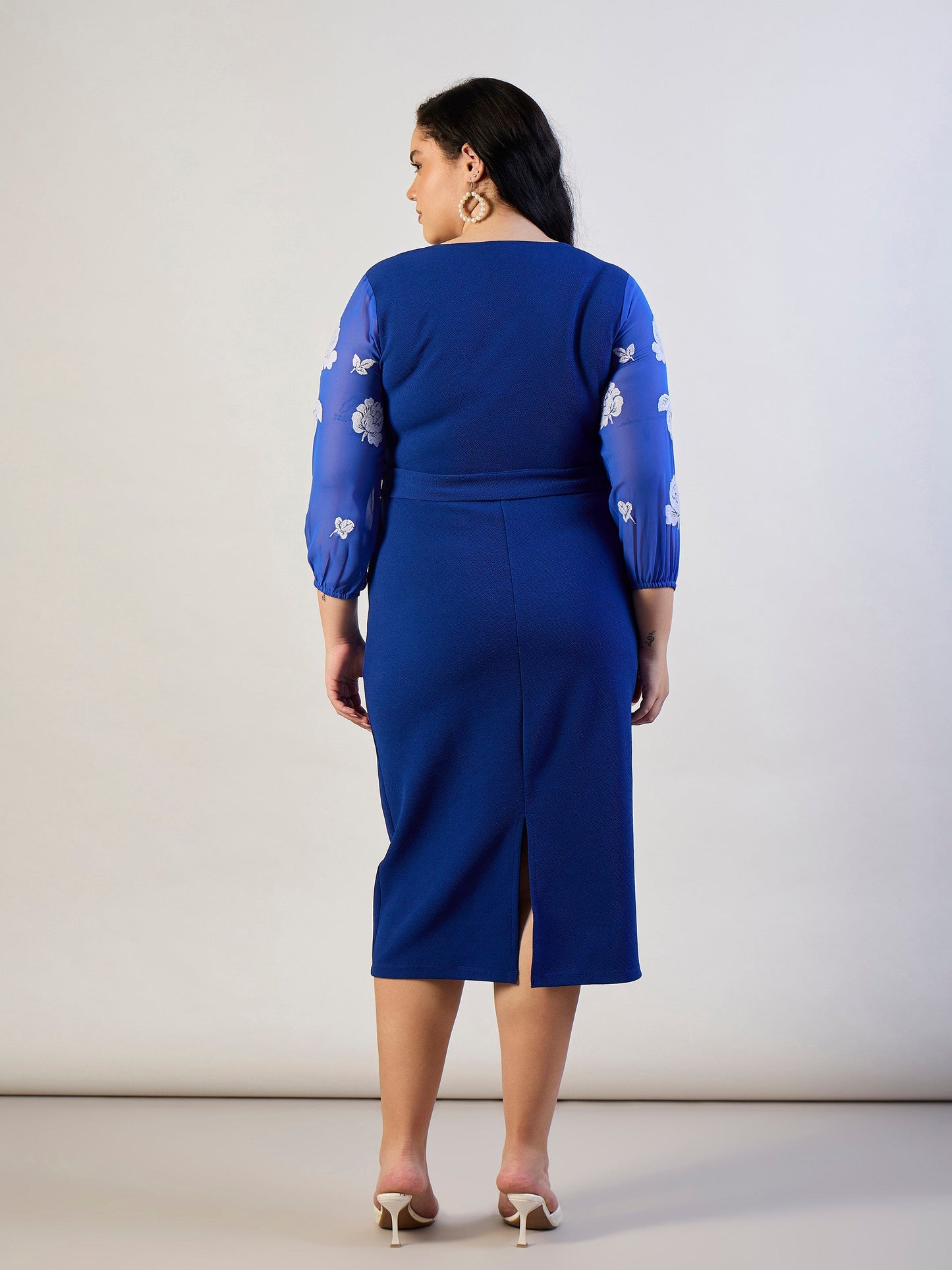 Royal Blue Balloon Sleeves Belted Bodycon Dress