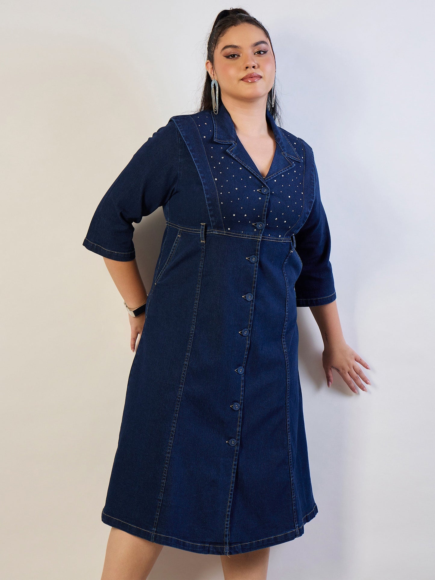 Navy Wash Denim A Line Midi Dress