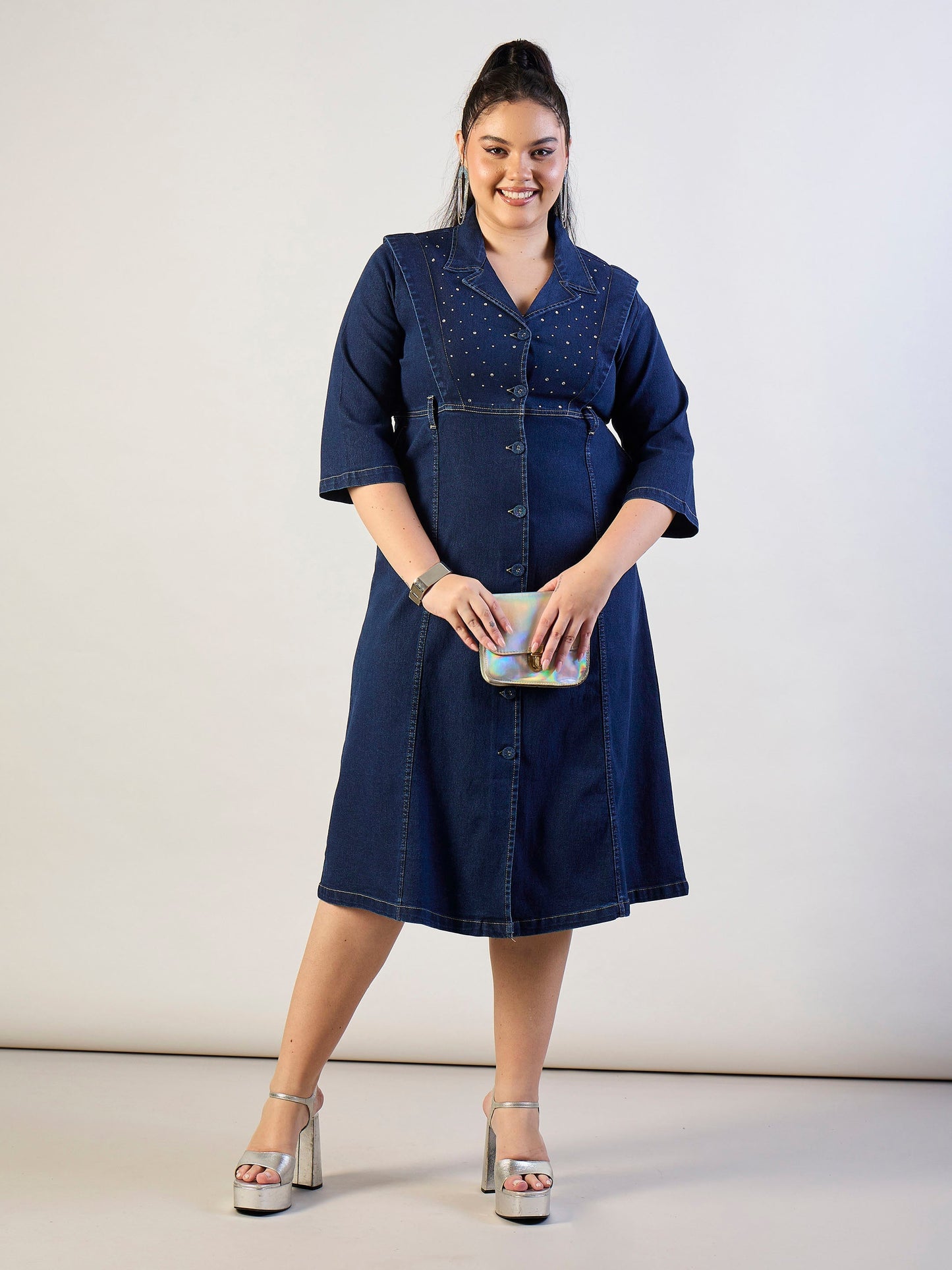 Navy Wash Denim A Line Midi Dress