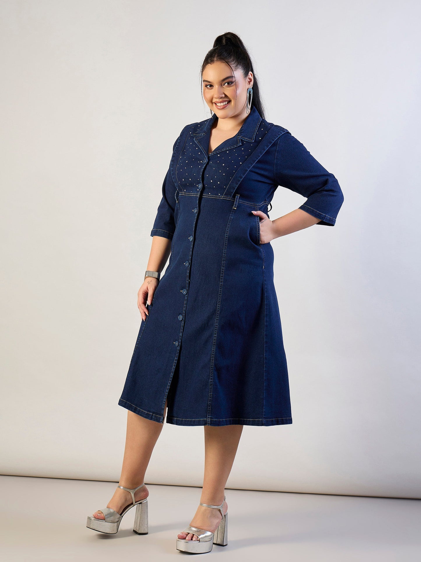 Navy Wash Denim A Line Midi Dress