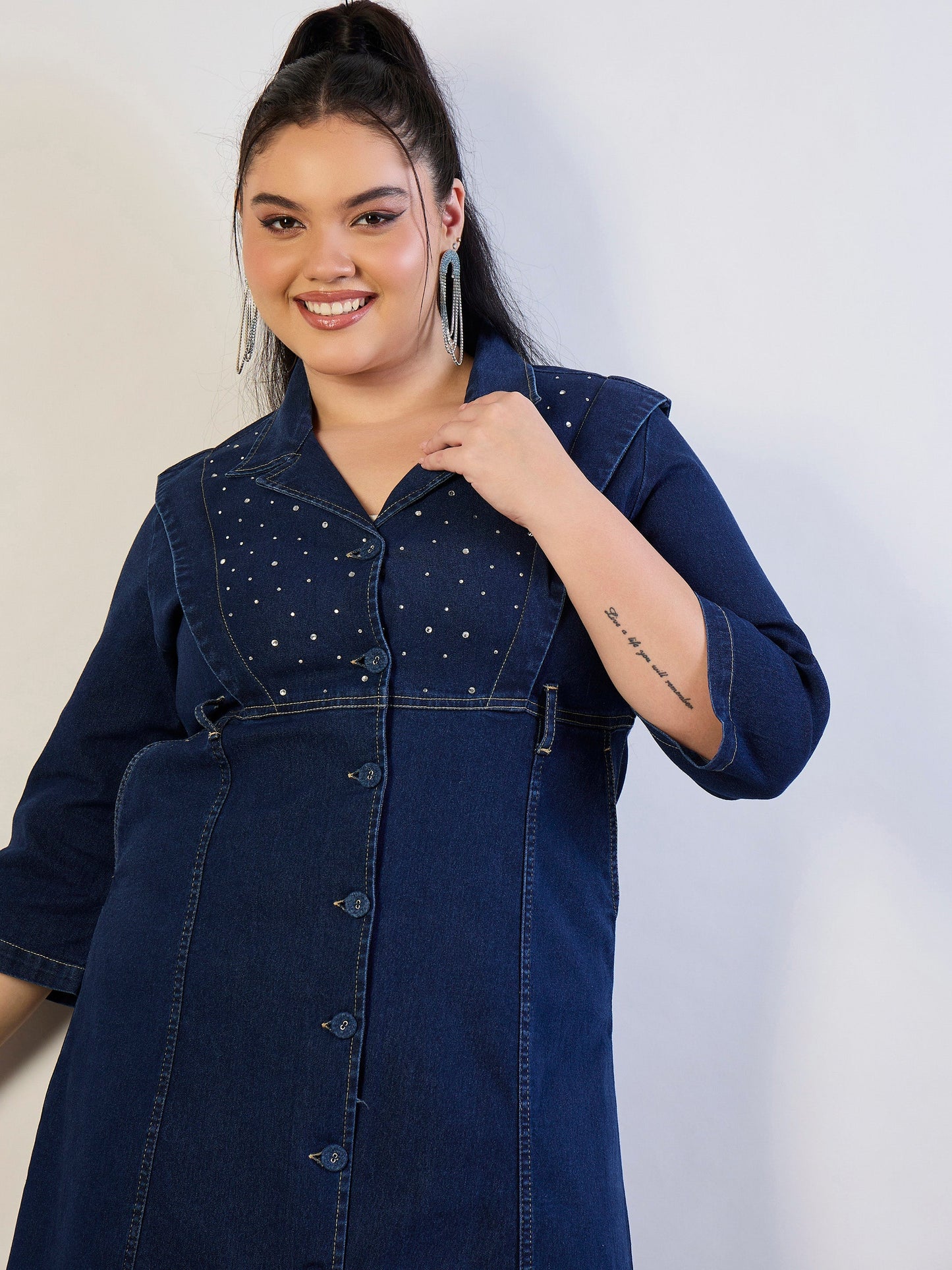 Navy Wash Denim A Line Midi Dress