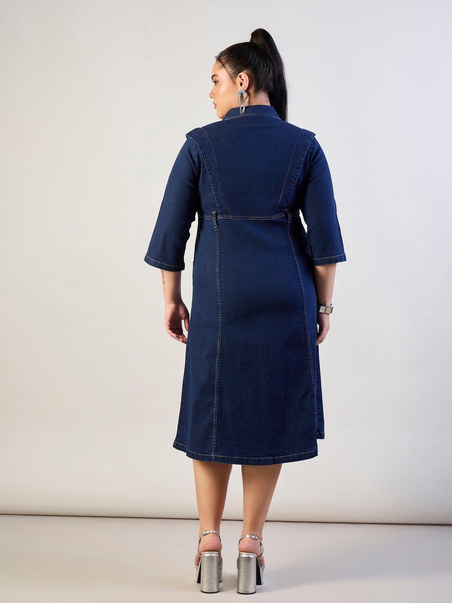 Navy Wash Denim A Line Midi Dress