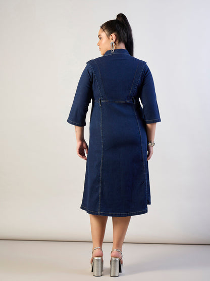 Navy Wash Denim A Line Midi Dress