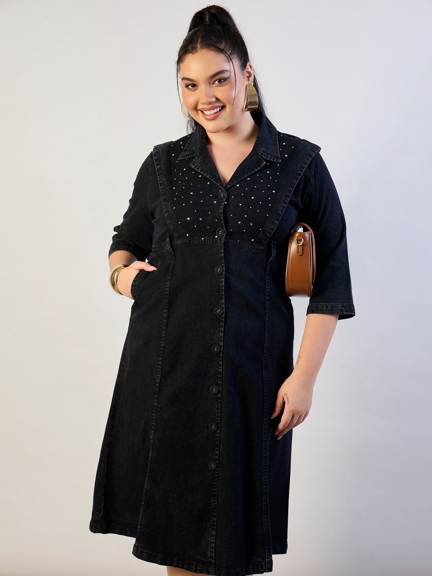 Black Wash Denim A Line Midi Dress