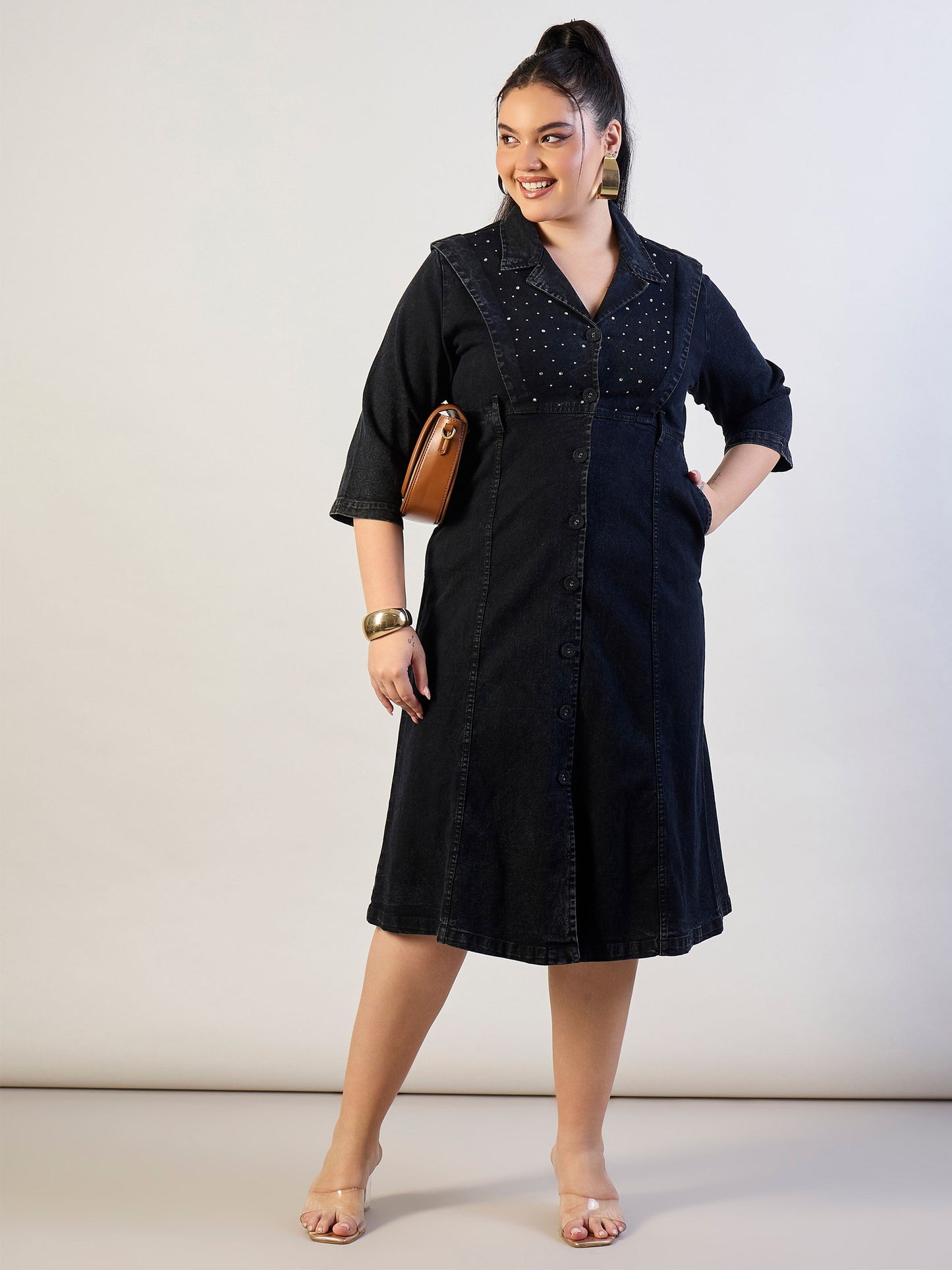 Black Wash Denim A Line Midi Dress