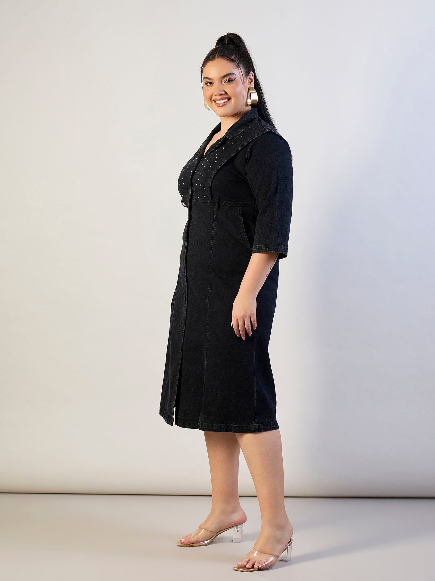 Black Wash Denim A Line Midi Dress