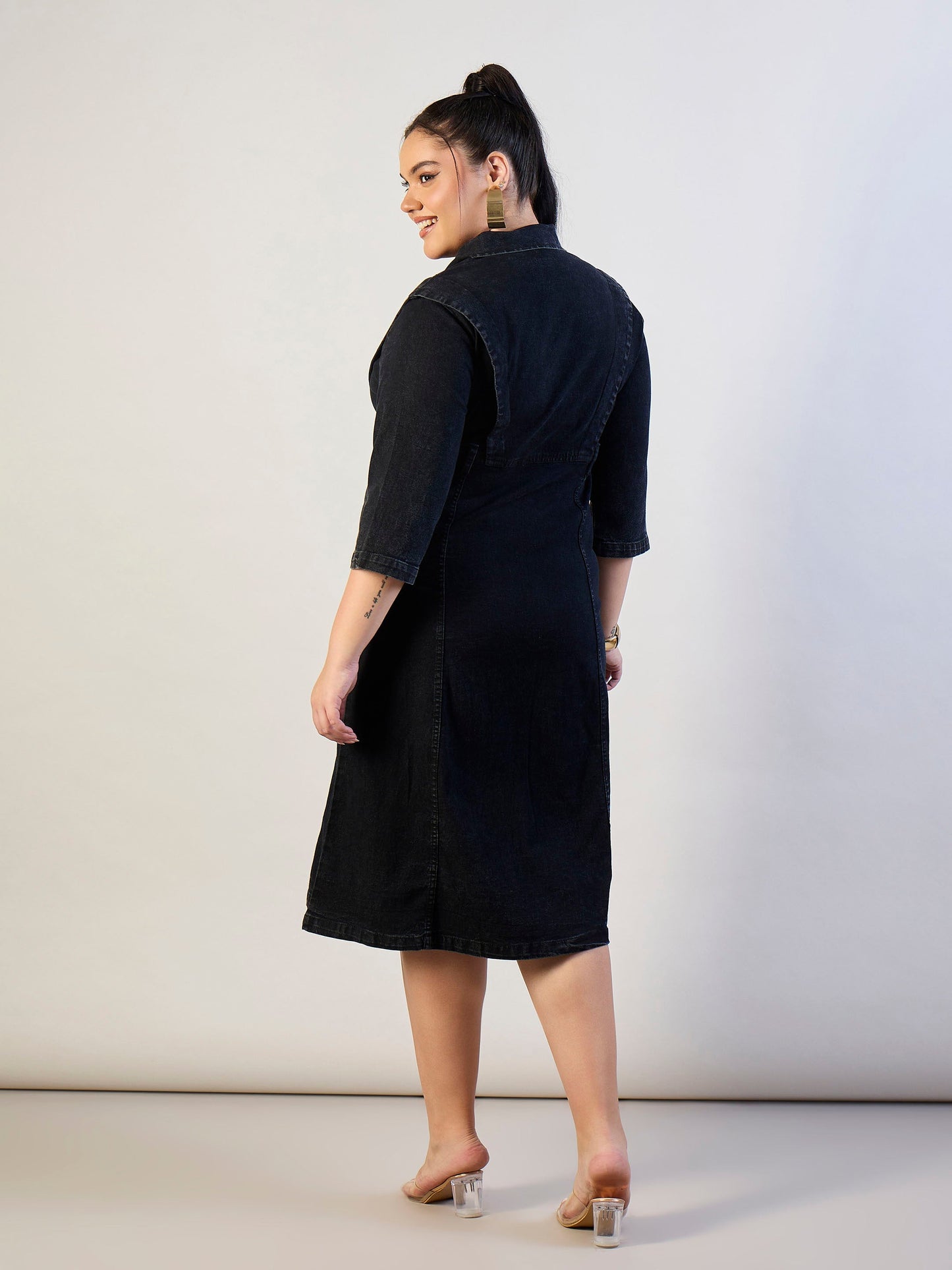 Black Wash Denim A Line Midi Dress