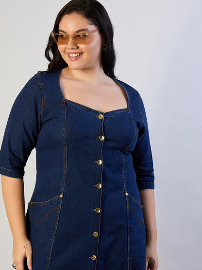 Dark Navy Denim Front Button A Line Dress-SASSAFRAS CURVE