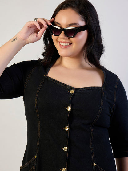 Black Denim Front Button A Line Dress-SASSAFRAS CURVE
