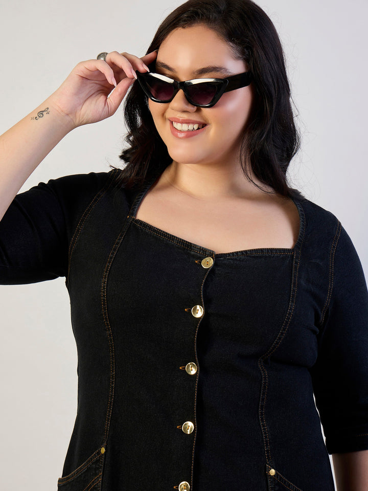 Black Denim Front Button A Line Dress-SASSAFRAS CURVE