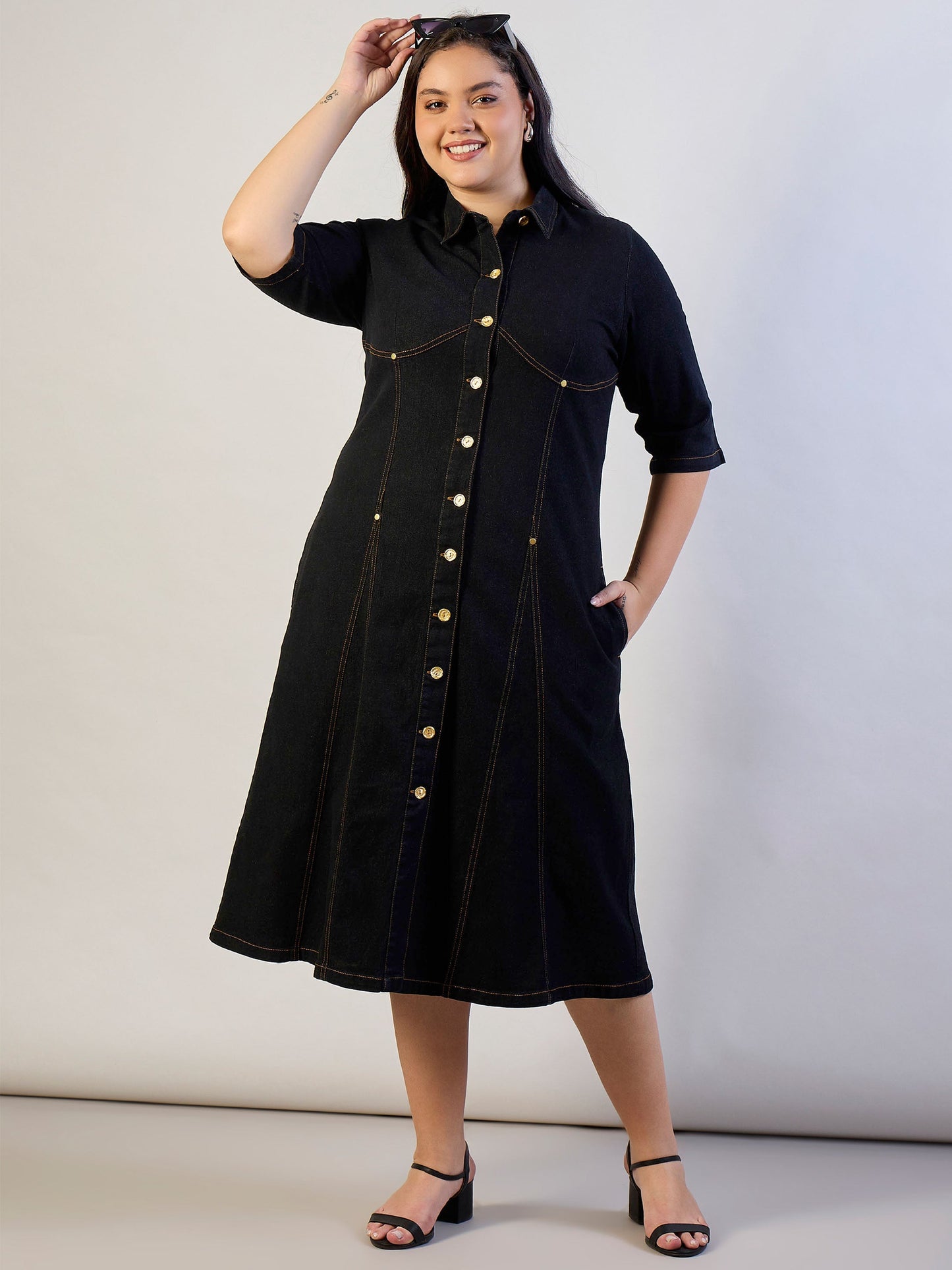 Jet Black Denim Button Down Midi Dress